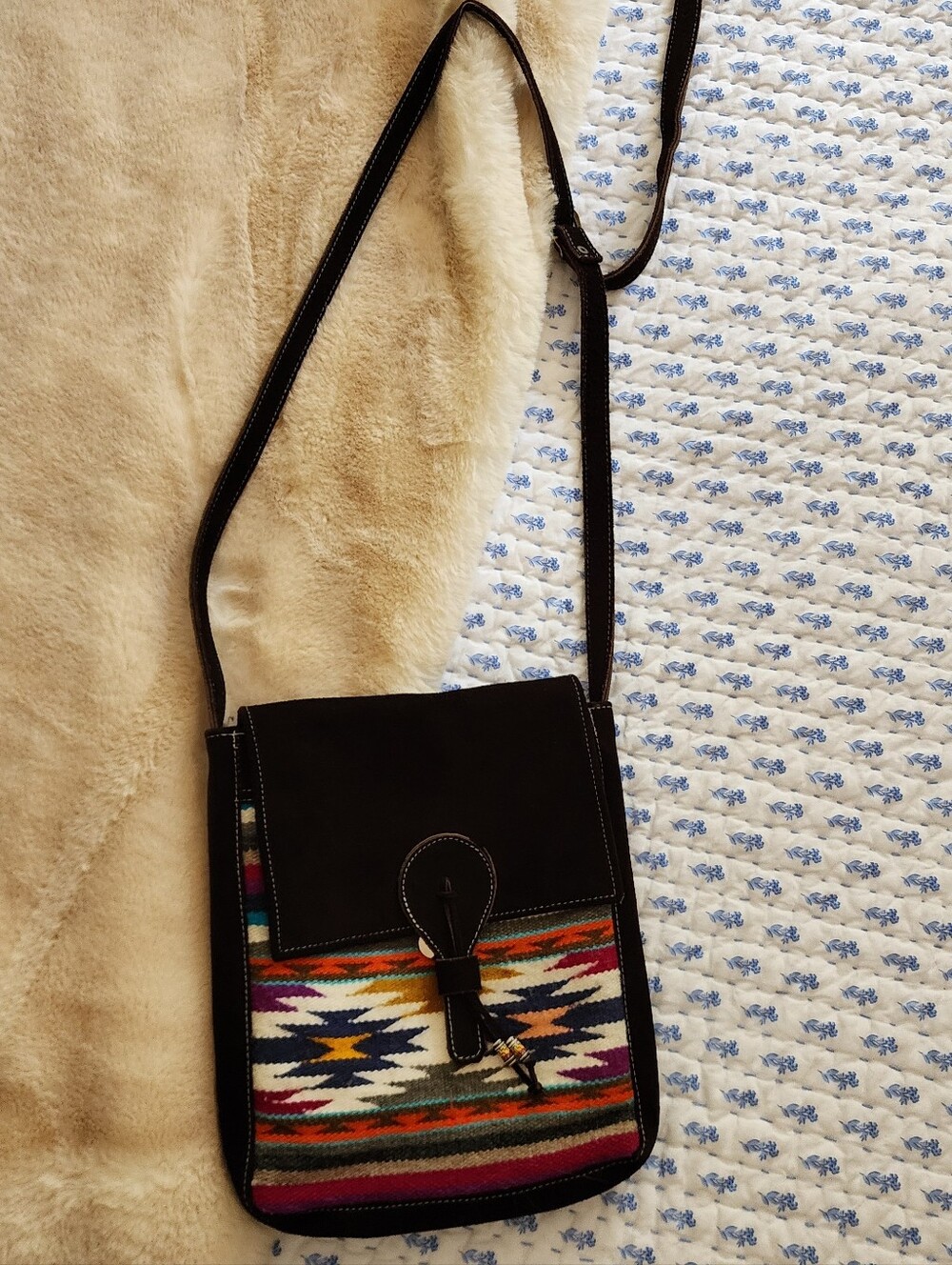 Southwestern Aztec Woven Suede Crossbody Bag Boho Multicolor Purse